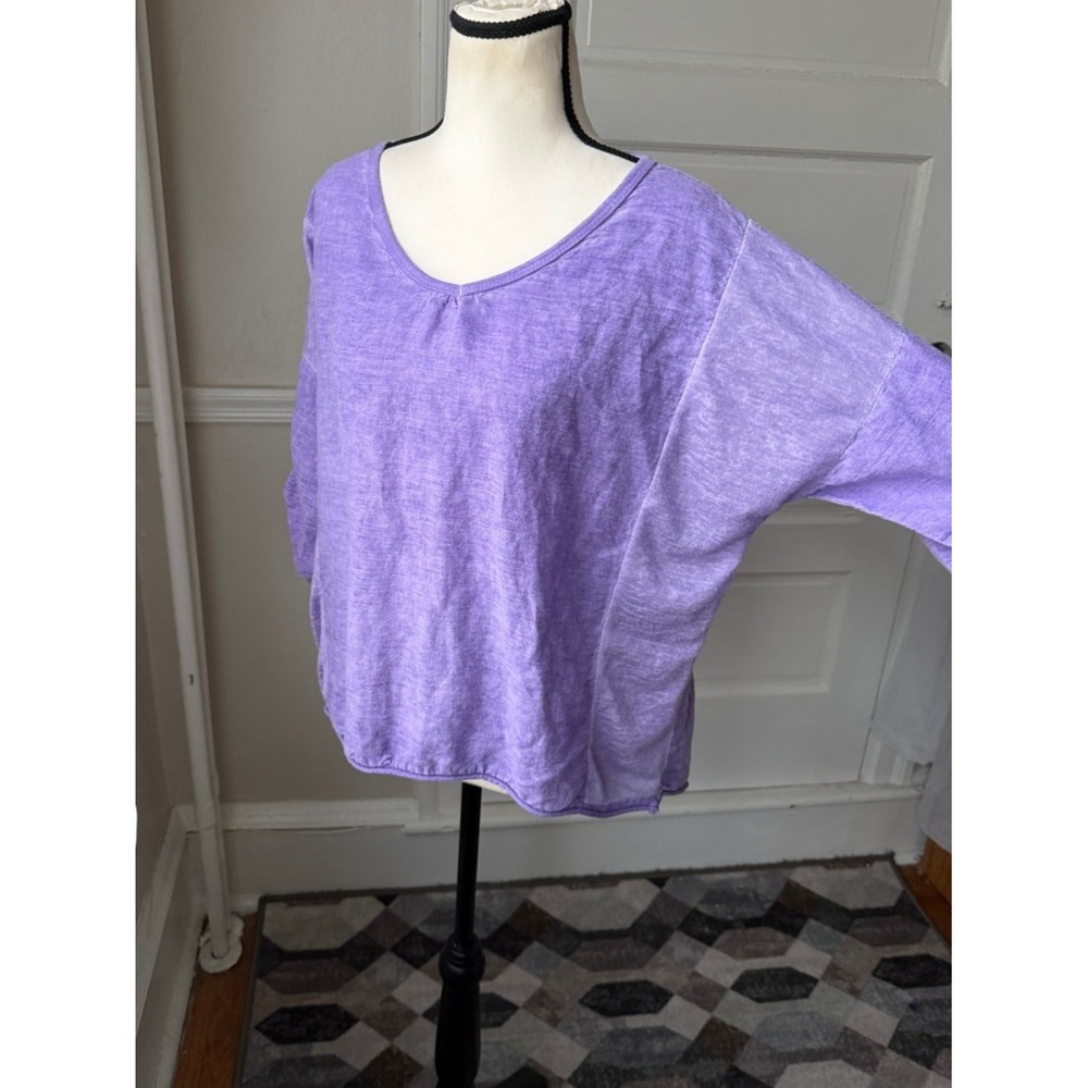 Kaktus Linen Top Purple Relaxed Fit Boho Artsy Lagenlook Roll Tab Sleeves Lg - Picture 4 of 15